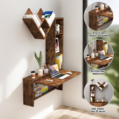 TuckTect foldable wall desk with cabinets, floating workstation with storage shelves.