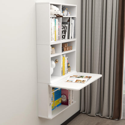 TuckTect 81" wall-mounted desk, folding drop leaf with shelves, space-saving workstation.