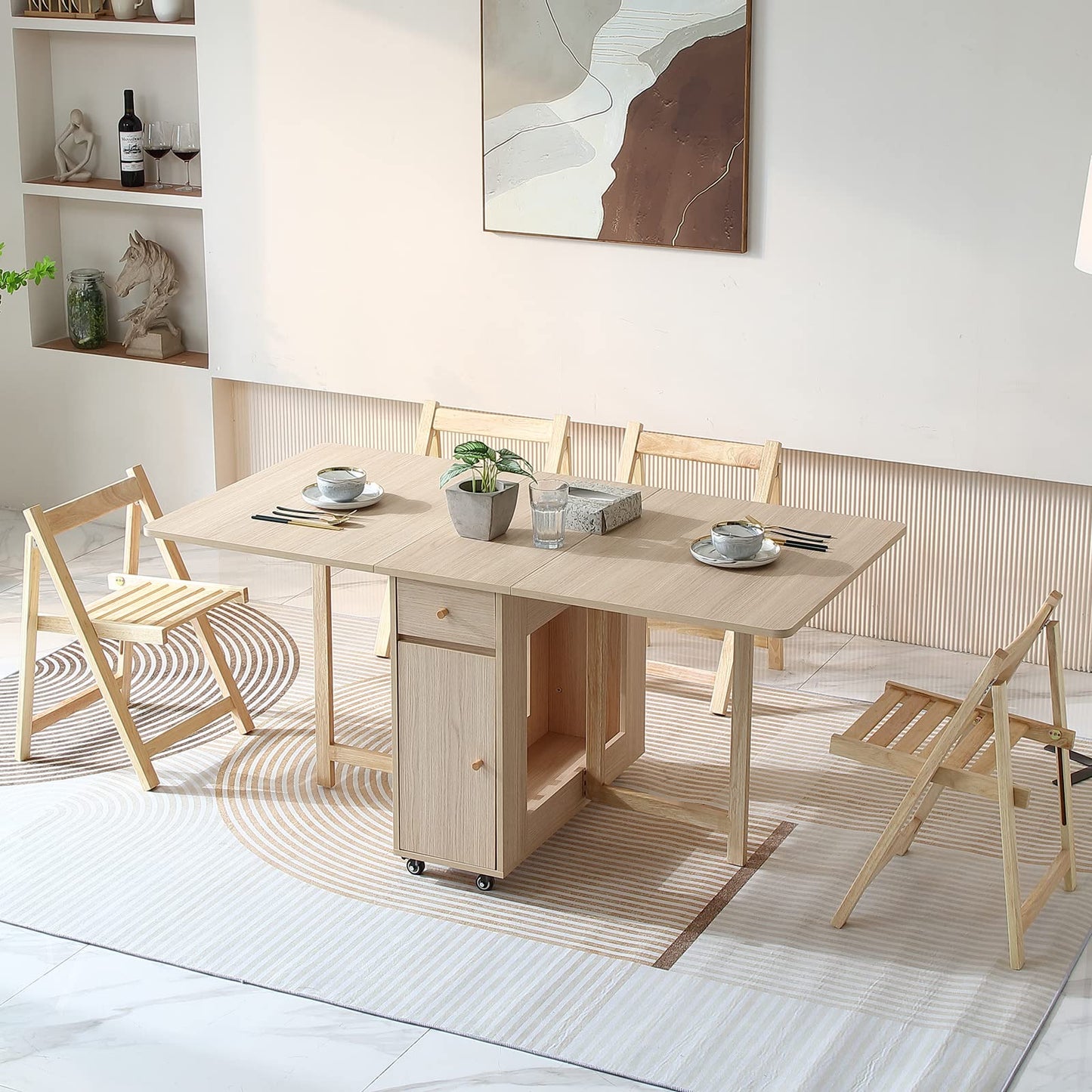 COMUHOME folding dining table, drop leaf, drawers, wheels, wood color finish.