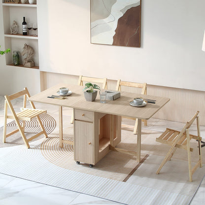 COMUHOME folding dining table, drop leaf, drawers, wheels, wood color finish.