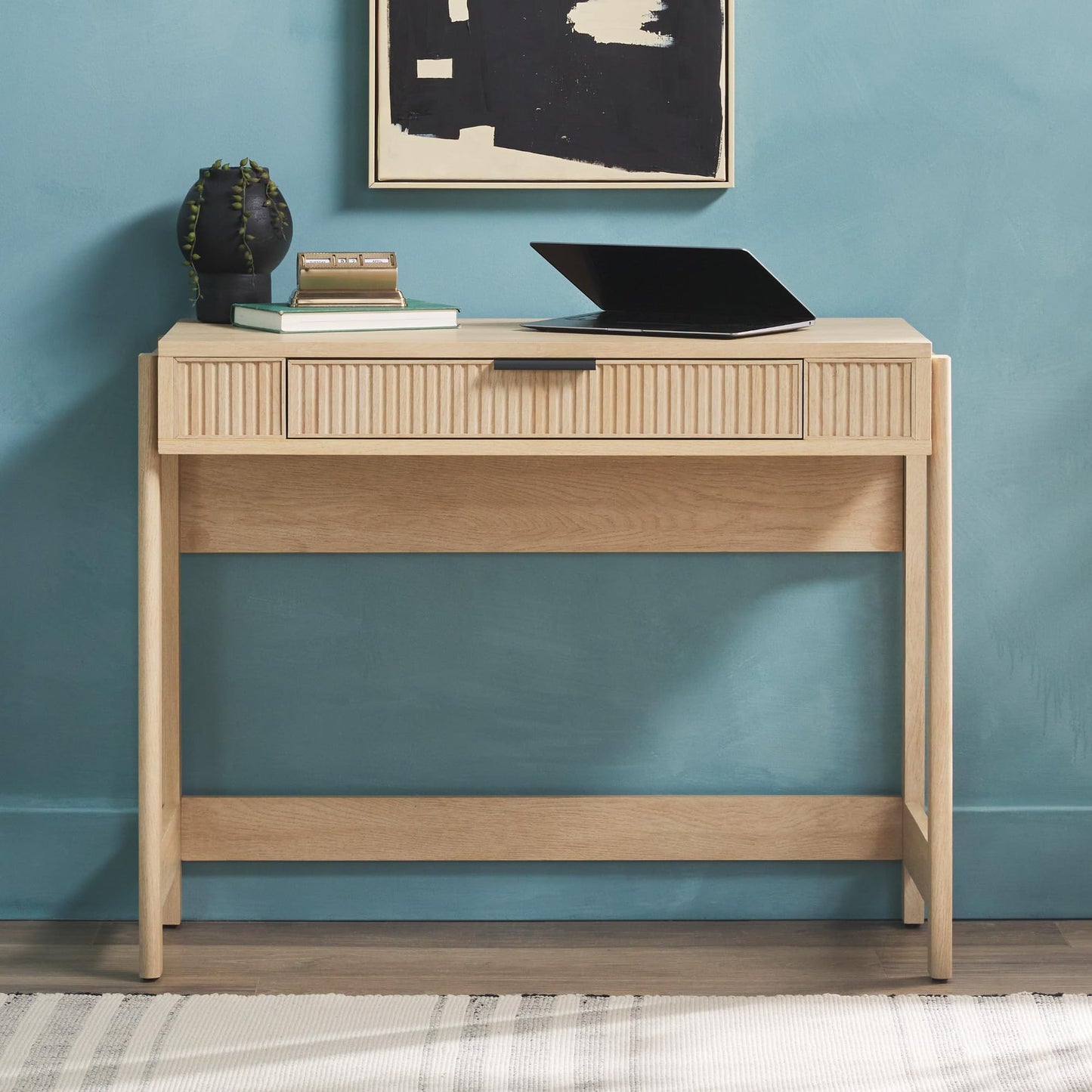Walker Edison lift-top desk, storage drawer, sit-stand design, 38", coastal oak.