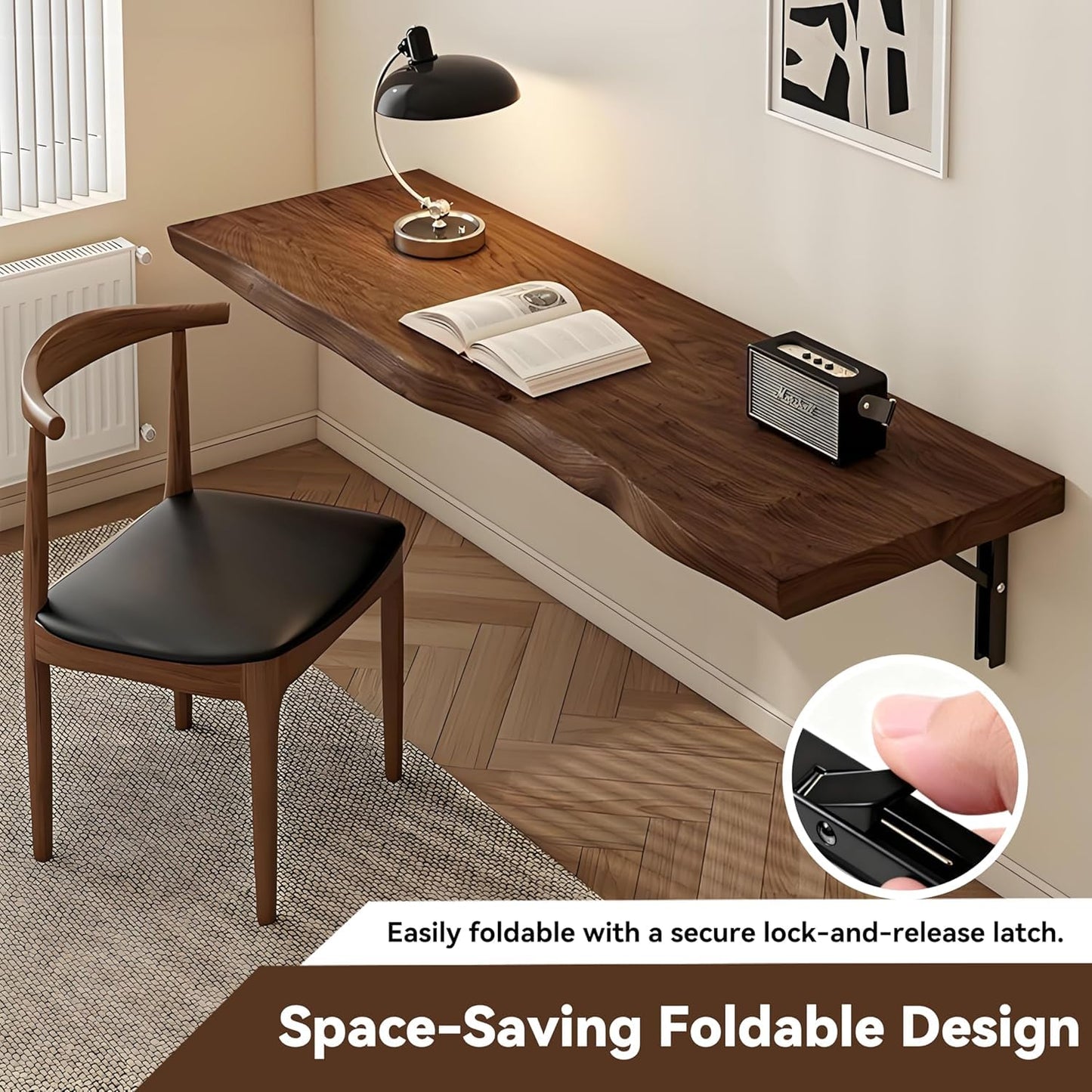 BDKNBHG wall-mounted folding desk 47.2", rustic wood, heavy-duty, space-saving.