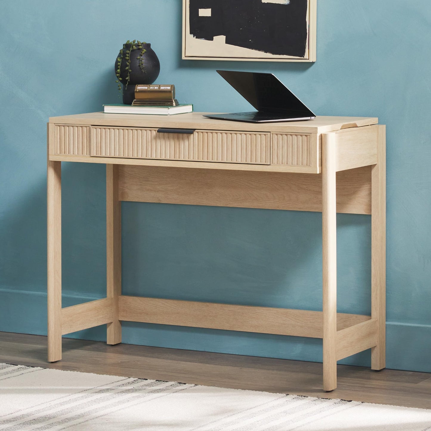 Walker Edison lift-top desk, storage drawer, sit-stand design, 38", coastal oak.