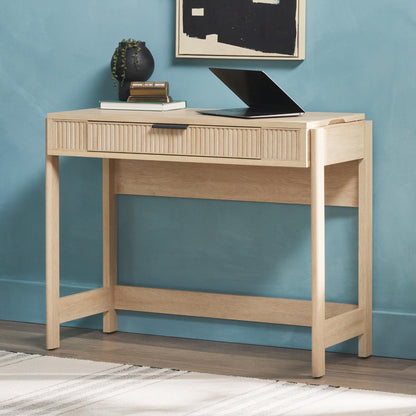 Walker Edison lift-top desk, storage drawer, sit-stand design, 38", coastal oak.