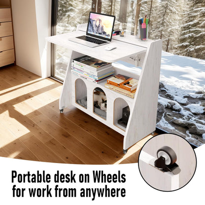 Pmnianhua farmhouse rolling desk, mobile workstation with wheels & storage, space-saving.