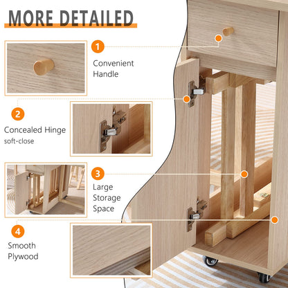COMUHOME folding dining table, drop leaf, drawers, wheels, wood color finish.