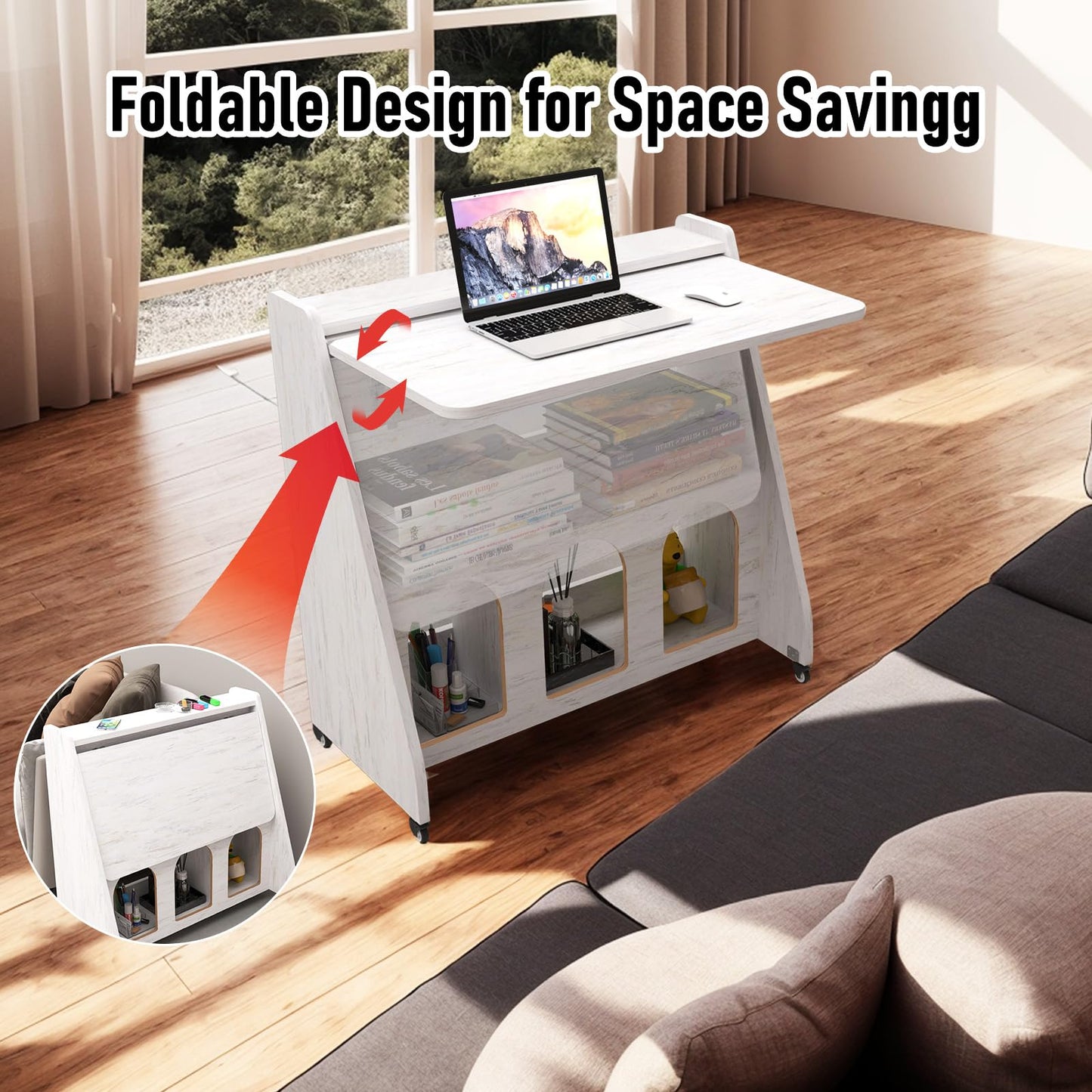 Pmnianhua farmhouse rolling desk, mobile workstation with wheels & storage, space-saving.