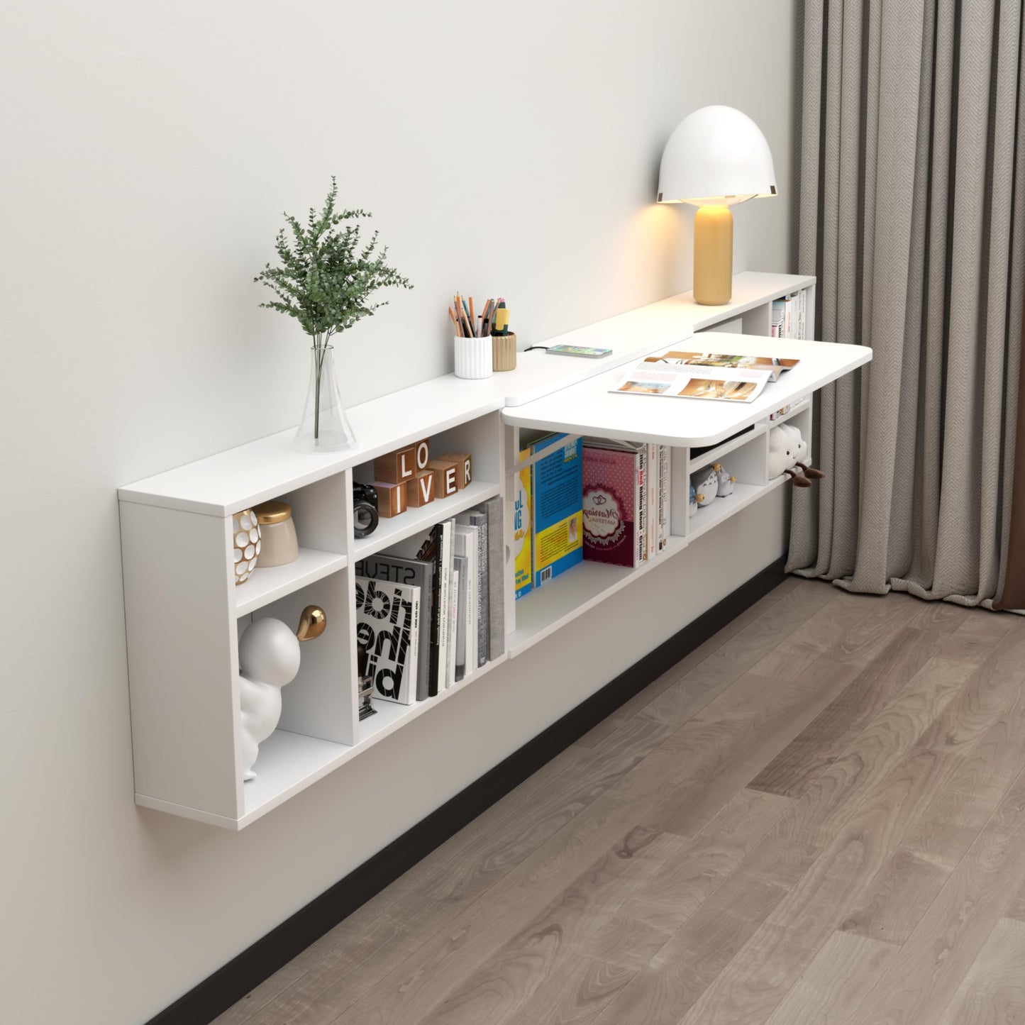 TuckTect 81" wall-mounted desk, folding drop leaf with shelves, space-saving workstation.