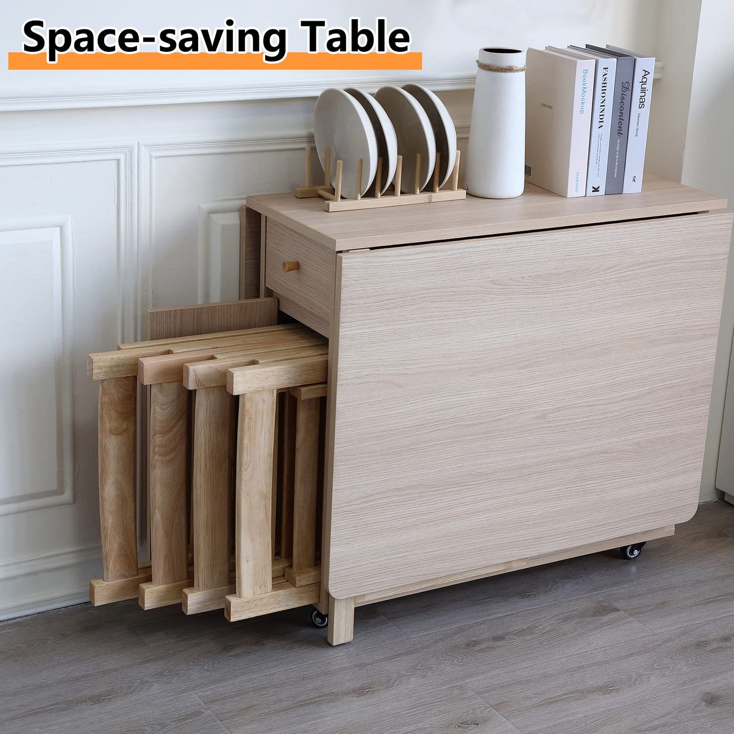 COMUHOME folding dining table, drop leaf, drawers, wheels, wood color finish.